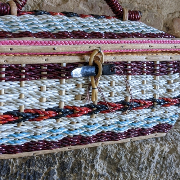Vintage Red, Black & Turquoise Wicker and Wood Sewing Basket - Picture 2 of 16